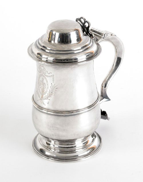 Georgian silver dome lidded tankard, 1788-1789,: Georgian silver dome lidded tankard, 1788-1789, bearing the touch of Hester Bateman with engraved coat of arms, 8 1/2'' h., 27.3 ozt.