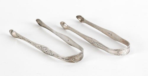 Two Georgian silver sugar tongs, late 18th c.,: Two Georgian silver sugar tongs, late 18th c., bearing the touches of Hester Bateman and Peter & Ann Bateman, 5 1/2'' l., 2.1 ozt.