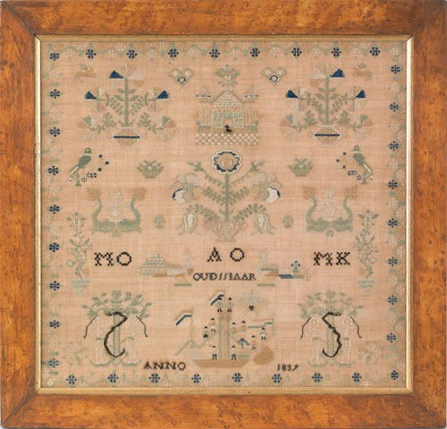 Continental silk and linen sampler dated 1839,: Continental silk and linen sampler dated 1839, with Adam & Eve, ship, birds, etc., 19 1/4'' x 20 1/2''.