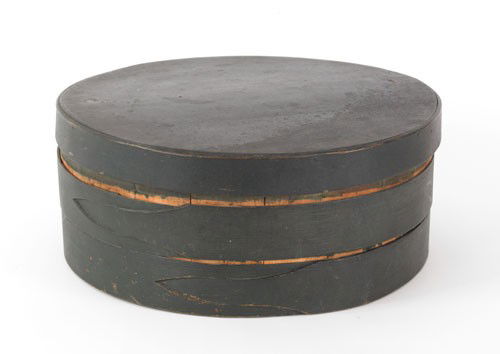 Painted bentwood and finger joined box, 19th c.: Painted bentwood and finger joined box, 19th c., retaining an old green/blue surface, inscribed on lid Isaac Bullard, 7'' h., 17 1/4'' w.