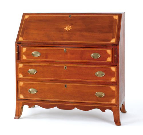 Mid Atlantic Hepplewhite cherry slant front desk: Mid Atlantic Hepplewhite cherry slant front desk, ca. 1805, with star and fan inlays, 42'' h., 42'' w.