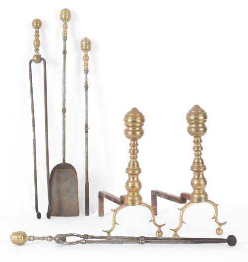 Assembled Federal brass fireplace set, ca. 1820: Assembled Federal brass fireplace set, ca. 1820, to include a pair of andirons, poker, shovel, and two tongs, andirons - 18 3/4'' h.