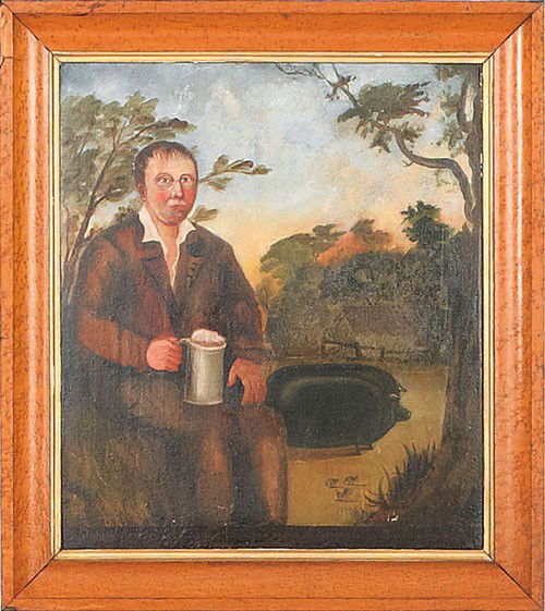 English oil on panel portrait, inscribed John: English oil on panel portrait, inscribed John Snowden, Pig Keeper to James Dixon of Barrow Farm Huntingdon, 1855 - painted by R. Whitford, 20'' x 18''.