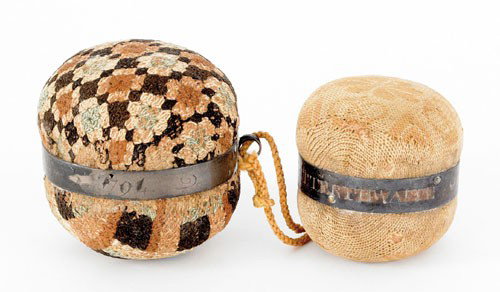 Two New Jersey silk pin cushions with silver ban: Two New Jersey silk pin cushions with silver bands, inscribed M Scattergood 12 Mo 5 1794 and Ann Scatterthwaite 8 Mo 2 1799.