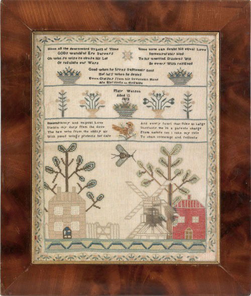 Silk on linen sampler wrought by Mary Watson, 18: Silk on linen sampler wrought by Mary Watson, 1812, with verse and landscape within a stylized strawberry border, 16'' x 13''.