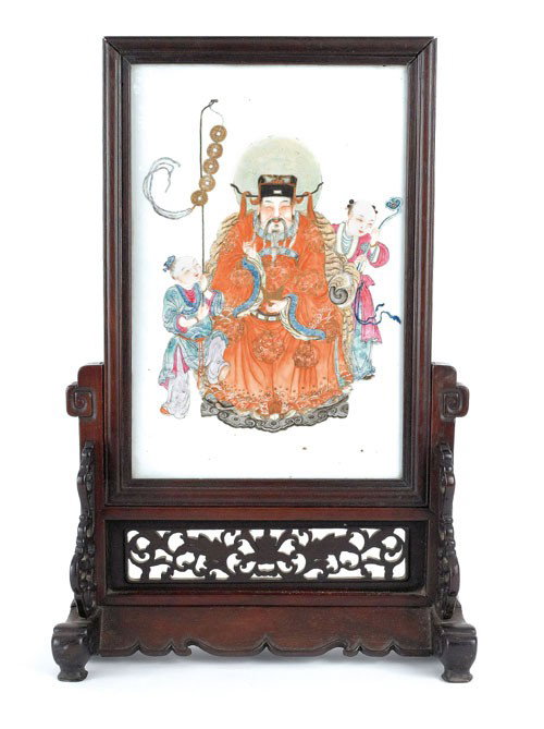 Chinese painted porcelain table screen, ca. 1900: Chinese painted porcelain table screen, ca. 1900, 22 1/2'' x 14 1/2''.