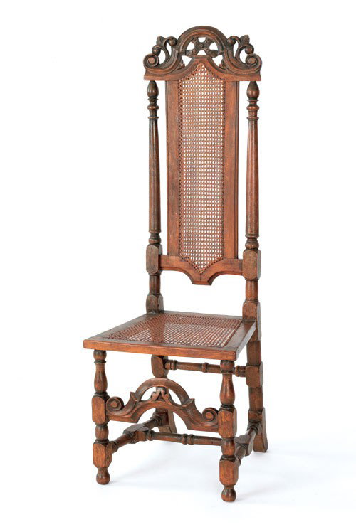 English William & Mary beech side chair, ca. 169: English William & Mary beech side chair, ca. 1695, with carved crest and medial stretcher with a caned seat and back. Provenance: J. Stogell Stokes. Sold by order of the trustees of the Philadelphia M