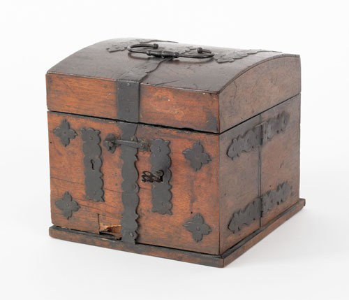 Ornate German medical box, 18th c., with iron s: Ornate German medical box, 18th c., with iron strap hinges and escutcheon with bottles and drawers, 7'' h., 7 1/4'' w.