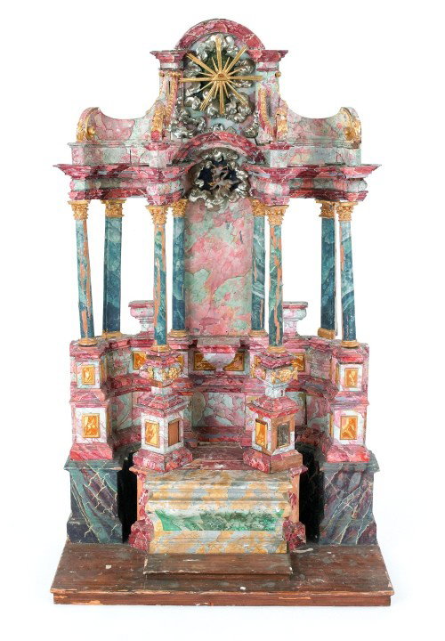 Continental carved and painted altar, 19th c., 53: Continental carved and painted altar, 19th c., 53 1/2'' h., 32'' w.