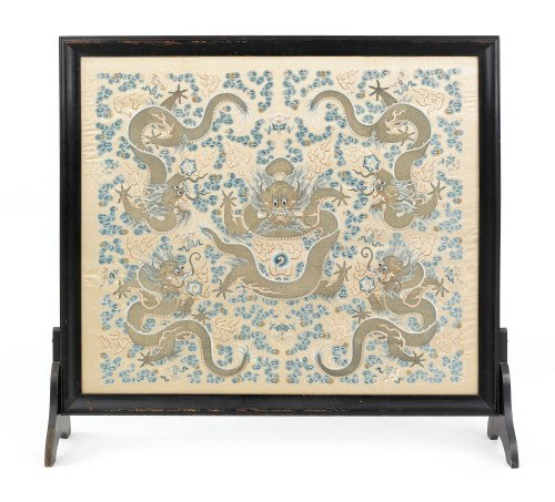 Chinese silkwork screen, early 20th c., 42'' h., 4: Chinese silkwork screen, early 20th c., 42'' h., 42 1/2'' l.
