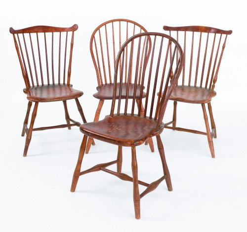 Two bowback windsor chairs, together with two fan: Two bowback windsor chairs, together with two fanback windsor chairs, ca. 1810.