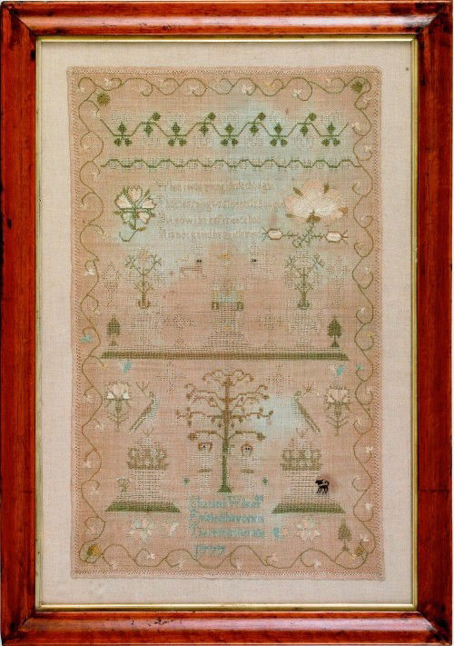 Silk on linen sampler dated 1777 wrought by Eliza: Silk on linen sampler dated 1777 wrought by Elizabeth Wilkins, 20 1/2'' x 12 3/4''.
