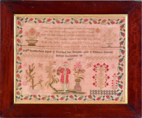 Silk on linen sampler, dated 1837, wrought by Eli: Silk on linen sampler, dated 1837, wrought by Elizabeth Rutherford, 13 1/2'' x 17 1/2''.