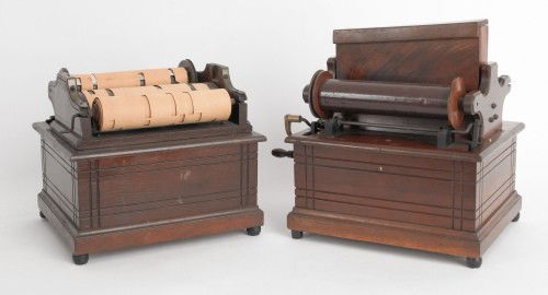 Two mahogany roller organs, 12'' w.: Two mahogany roller organs, 12'' w.