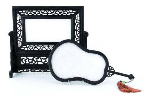 Chinese jade table screen, 12 1/2'' h., 14'' w., a: Chinese jade table screen, 12 1/2'' h., 14'' w., and a fan, 14'' h., 7'' w.