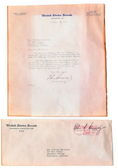 John F. Kennedy typed and signed letter dated Dec: John F. Kennedy typed and signed letter dated Dec. 28, 1960, thanking Mrs. William MacIntyre for her work with the Citizens for Kennedy and Johnson and her contribution to their victory.