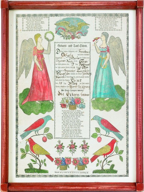 Printed and hand colored fraktur by Peters, Harri: Printed and hand colored fraktur by Peters, Harrisburg, 14 1/2' x 11 1/2''.