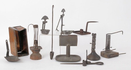 Group of tin and iron lighting, 19th/20th c., tal: Group of tin and iron lighting, 19th/20th c., tallest - 9 1/4''.
