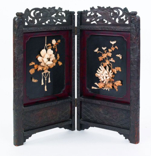 Chinese folding screen with applied ivory flowers: Chinese folding screen with applied ivory flowers, 36'' x 36''.
