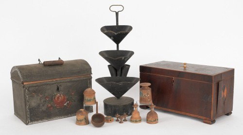 Federal mahogany tea caddy, ca. 1800 together wit: Federal mahogany tea caddy, ca. 1800 together with a tole box and a tin centerpiece.