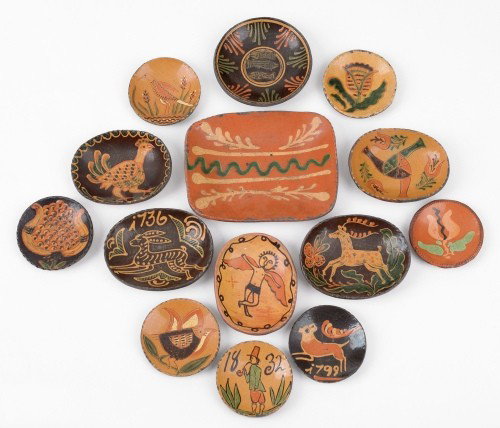 Fourteen pieces of Shooner contemporary redware, : Fourteen pieces of Shooner contemporary redware, largest - 6 3/4'' h., 8 3/4'' w.