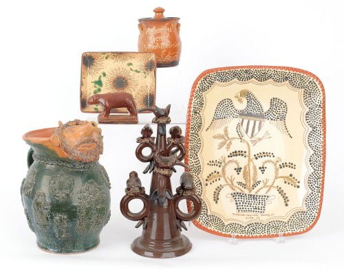 Six pieces of contemporary redware to include Tur: Six pieces of contemporary redware to include Turtlecreek pottery, Wisconsin pottery, Selinda Kennedy, etc., together with an earthenware lion, tallest - 12'' h.
