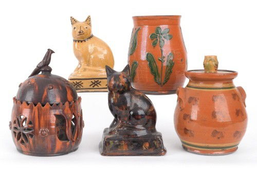 Five pieces of contemporary Shooner redware - tal: Five pieces of contemporary Shooner redware - tallest - 7 1/4'' h.