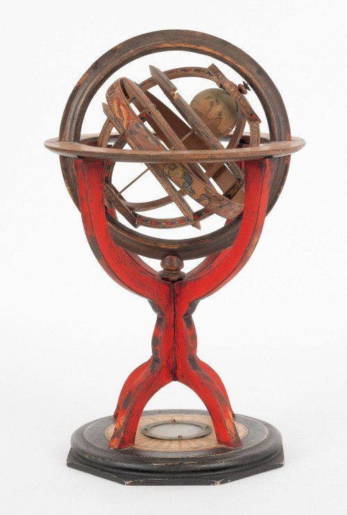 Contemporary Italian armillary sphere, 13'' h., t: Contemporary Italian armillary sphere, 13'' h., together with a table top globe, 8'' h.