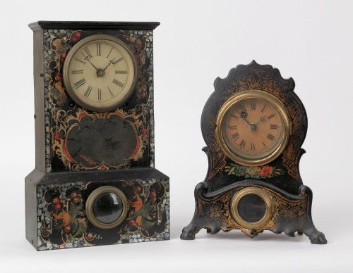 Ansonia iron front mantle clock together with a l: Ansonia iron front mantle clock together with a lacquer mantle clock, 14'' h. and 11'' h.