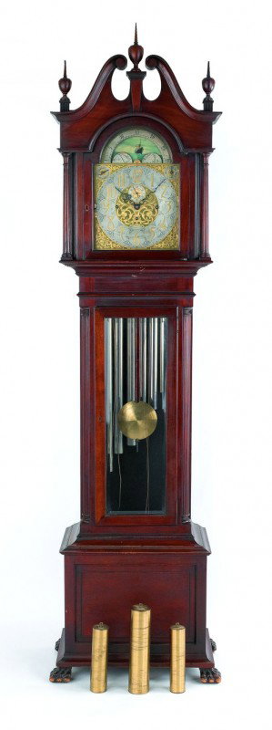 Mahogany tall case clock, ca. 1890, retailed by J: Mahogany tall case clock, ca. 1890, retailed by J.E. Caldwell & Co. with German chiming works, 100'' h.