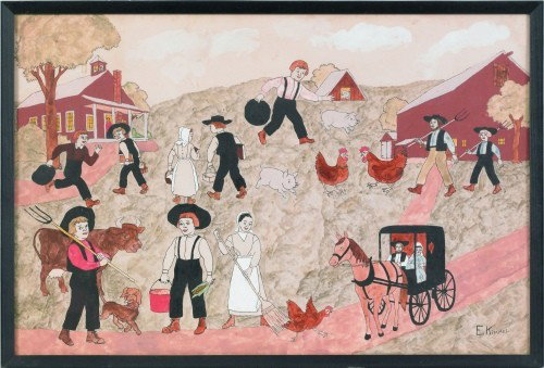 Watercolor Amish farm scene signed E. Kimmel, 2: Watercolor Amish farm scene signed E. Kimmel, 20'' x 30''.