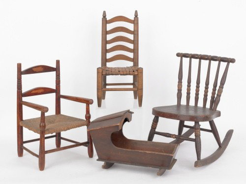 Three doll chairs, together with a cradle. Proven: Three doll chairs, together with a cradle. Provenance: Pennsylvania educational institution.