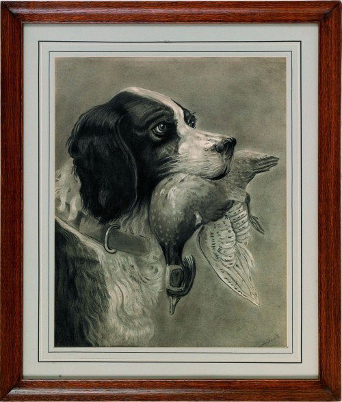 Charcoal drawing of a spaniel with a duck, early : Charcoal drawing of a spaniel with a duck, early 20th c., signed indistinctly lower right, 19'' x 15 1/4''.