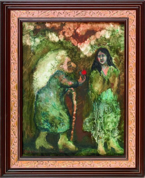 Marcia Wilson, oil on canvas, depicting an old wo: Marcia Wilson, oil on canvas, depicting an old woman with an apple, signed and dated lower left '93, 14'' x 11''.