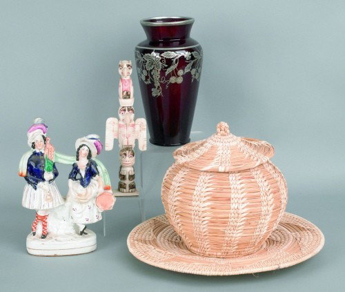 Popago basket, together with a Staffordshire figu: Popago basket, together with a Staffordshire figure, ruby vase, carved bone totem, etc., tallest - 10 1/4'' h.