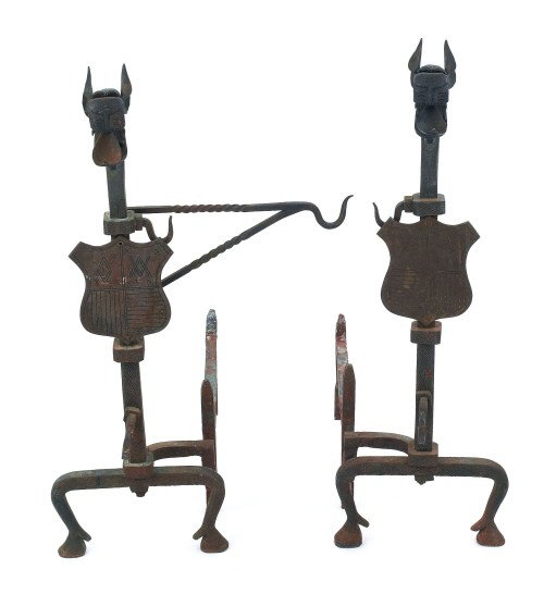 Pair of massive wrought iron andirons, early 20th: Pair of massive wrought iron andirons, early 20th c., with dragon terminals, 42 1/2'' h.