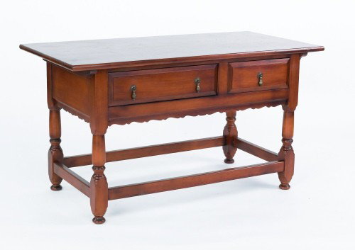Stickley two-drawer coffee table, 23'' h., 44 1/2: Stickley two-drawer coffee table, 23'' h., 44 1/2'' w.