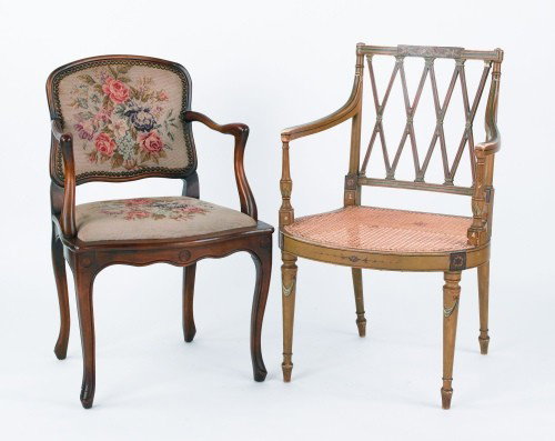 French needlepoint armchair, together with an Ada: French needlepoint armchair, together with an Adams style armchair and a window bench.