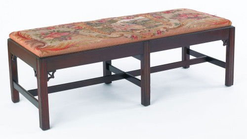 Chippendale style mahogany needlepoint bench, 17': Chippendale style mahogany needlepoint bench, 17'' h., 51'' w., together with a Kittinger desk chair.