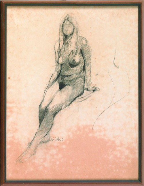 Tom Bostelle (Pennsylvania, 1921-2005), charcoal : Tom Bostelle (Pennsylvania, 1921-2005), charcoal nude, 23'' x 17 1/2'', together with a landscape, 9'' x 12'' and another of a figure on a staircase, 12'' x 8 1/2''.