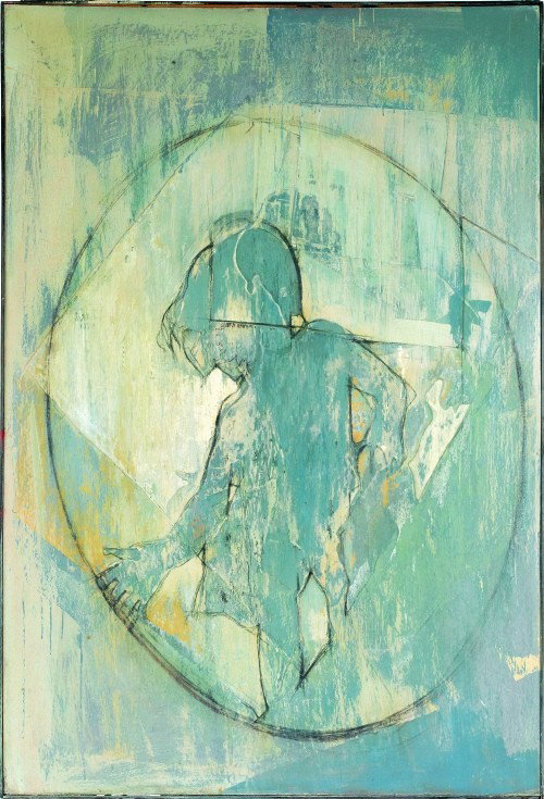Tom Bostelle (Pennsylvania, 1921-2005), collage o: Tom Bostelle (Pennsylvania, 1921-2005), collage on board titled Blue Cameo, 60'' x 40''. Exhibited at Aeolian Palace Gallery and Bostelle Studio 1976, April 24-25.