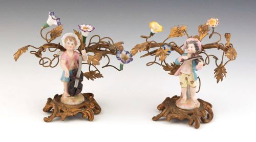 Pair of porcelain and ormolu figural garnitures,: Pair of porcelain and ormolu figural garnitures, 6'' h.