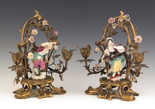 Pair of ormolu and figural porcelain candelabra,: Pair of ormolu and figural porcelain candelabra, 10 1/2'' h.