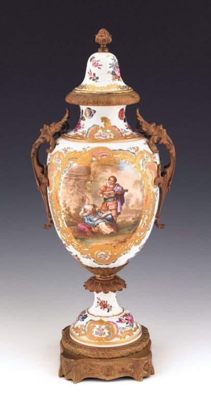 French ormolu mounted porcelain urn with hand pai: French ormolu mounted porcelain urn with hand painted courting scene, signed Watteau, 19 1/2'' h.
