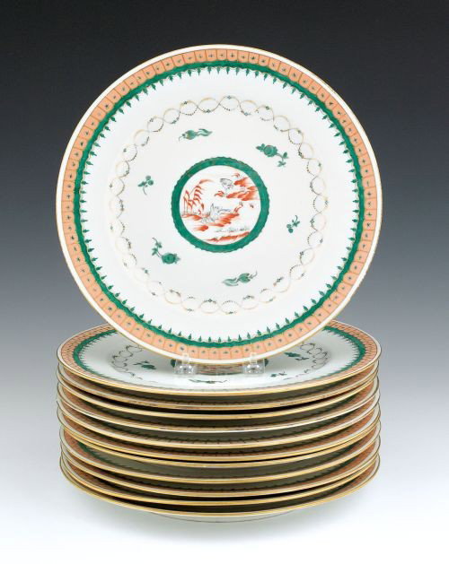 Set of twelve Bourdois & Bloch porcelain plates r: Set of twelve Bourdois & Bloch porcelain plates retailed by Bailey, Banks & Biddle, 11'' dia.