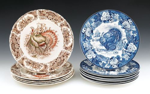 Set of eight Staffordshire plates by Wood's with: Set of eight Staffordshire plates by Wood's with turkey decoration, 10'' dia., together with a set of five Windsor Ware turkey plates, 10 3/4'' dia.