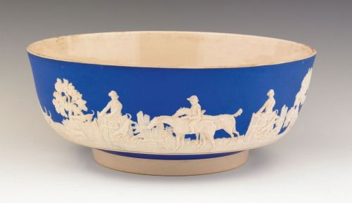 Copeland Spode jasperware bowl with relief fox hu: Copeland Spode jasperware bowl with relief fox hunt decoration, 4'' h., 10 1/2'' dia.