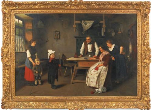 Otto Letz (German, 19th c.), oil on canvas interi: Otto Letz (German, 19th c.), oil on canvas interior scene with a young boy dressed as a soldier, 26'' x 38''