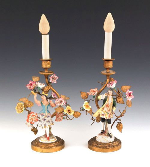 Pair of ormolu and porcelain figural table lamps,: Pair of ormolu and porcelain figural table lamps, 10 1/2'' h.