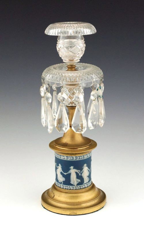 Ormolu and cut glass lustre candlestick with Wedg: Ormolu and cut glass lustre candlestick with Wedgwood jasperware base, 12 1/2'' h.